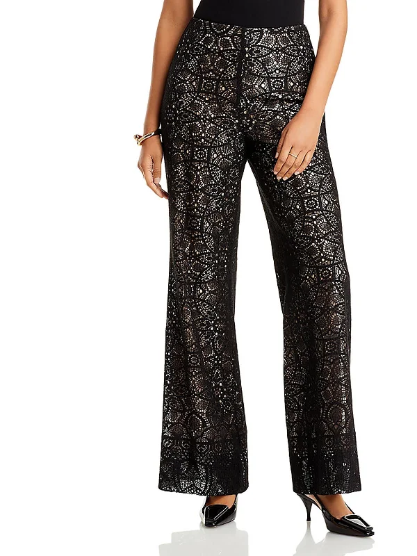 women's scalloped hem shorts -Piper Womens Lace Sequined Wide Leg Pants