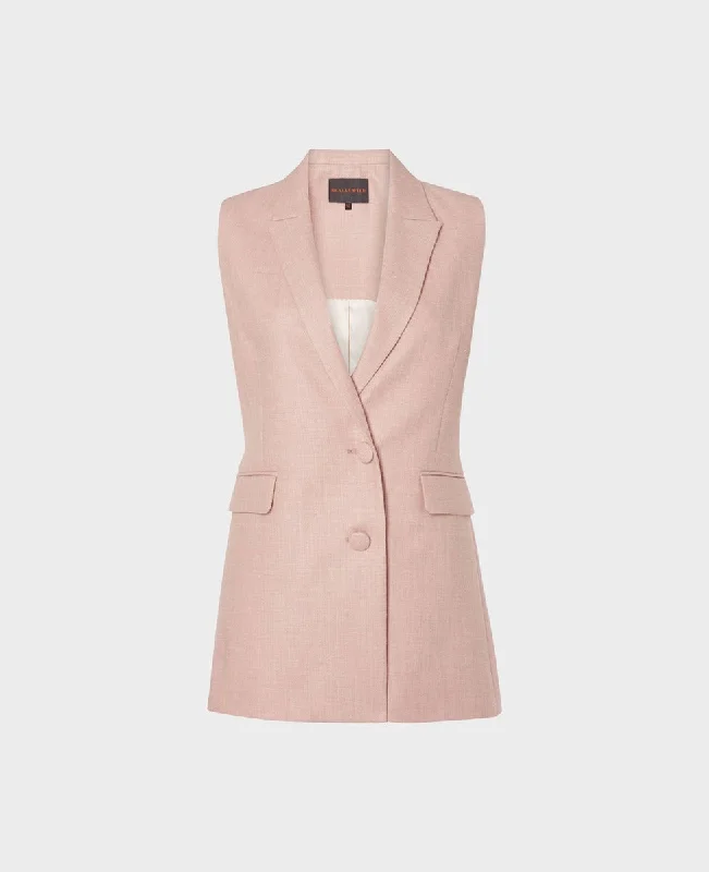 women's varsity bomber jackets -Long Linen Blend Double Breasted Waistcoat