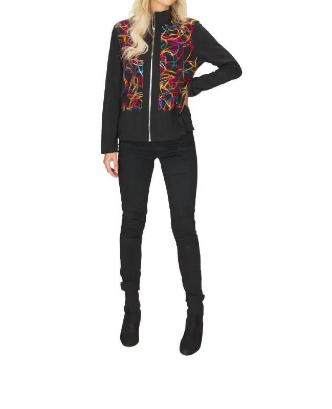 trendy ruched sleeve blazers for women -Olenna Yarn Accent Bomber Jacket In Black