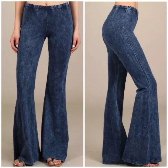 stylish trousers for women -Electric Blue Boho Mineral Wash Flared Stretch Pants Casual Womens