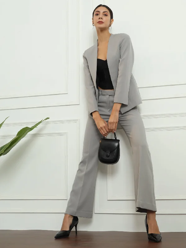 women's velvet skirts -Lapel less Stretch Pant Suit- Grey