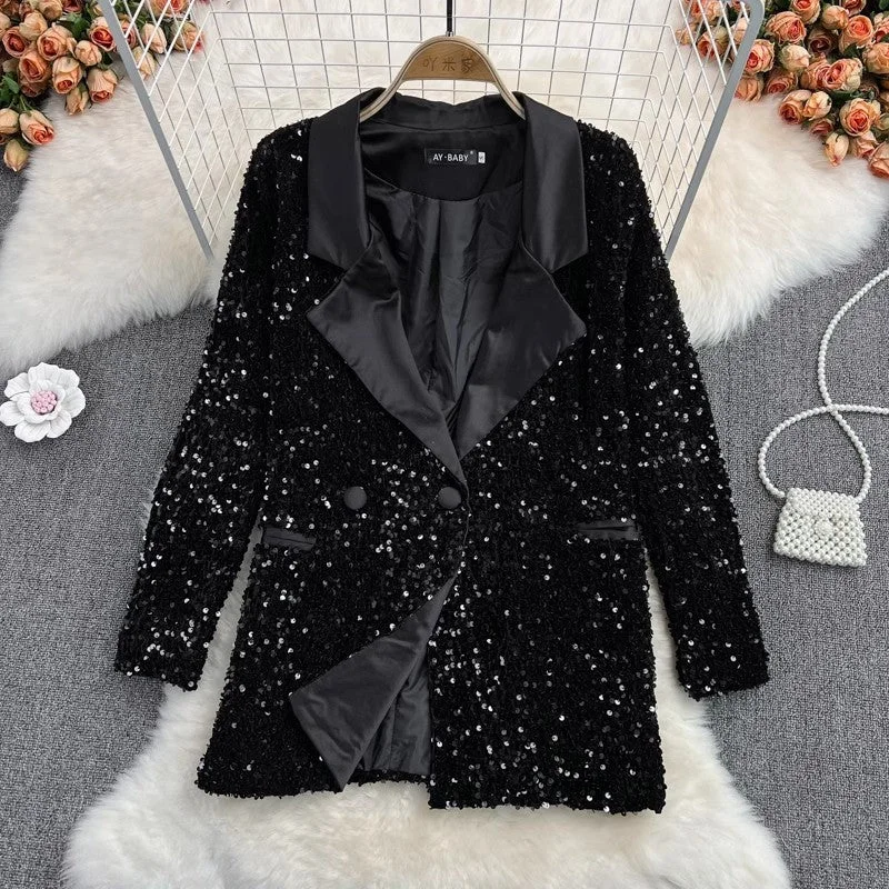 trendy teddy coats for women -fashion mid-length sequined suit jacket two-piece sexy dress    S4022