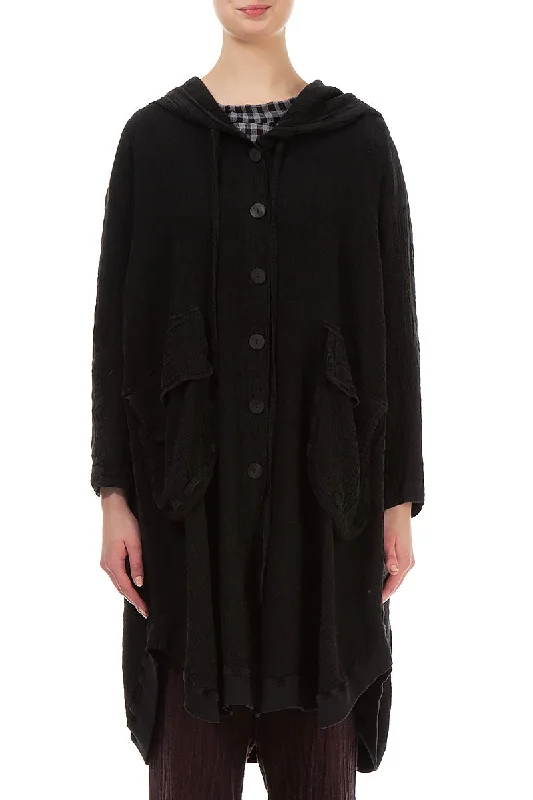 trendy jackets for women -Hooded Oversized Black Linen Viscose Jacket