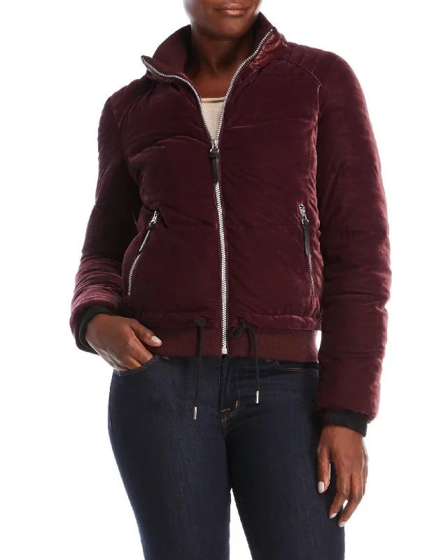 casual zip-up hoodies for women -Quilted Velvet Bomber Puffer Jacket In Red