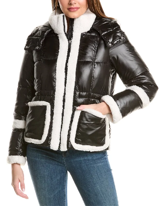 trendy belted jackets for women -French Connection Sherpa Trim Puffer Coat