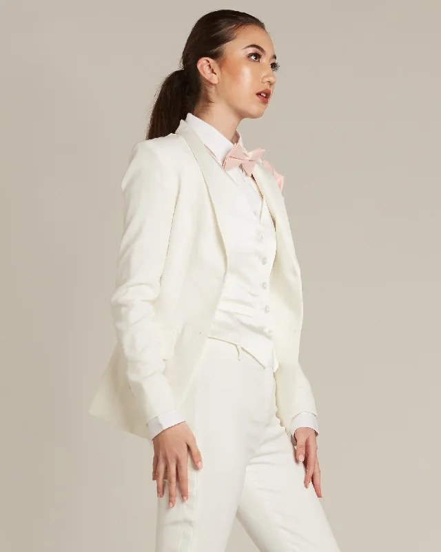 trendy drawstring pants for women -Pearl White Shawl Collar Tuxedo Jacket