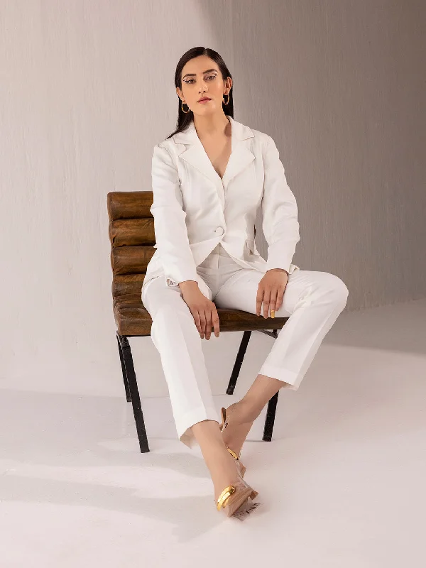 women's wool trousers -White Stretch Pant Suit