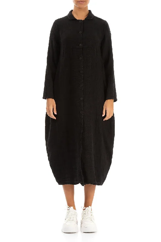 women's lace-trimmed coats -Balloon Black Textured Linen Jacket Dress