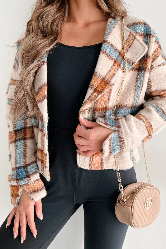 casual fleece coats for women -I'm Running Point Plaid Crop Jacket (Taupe)