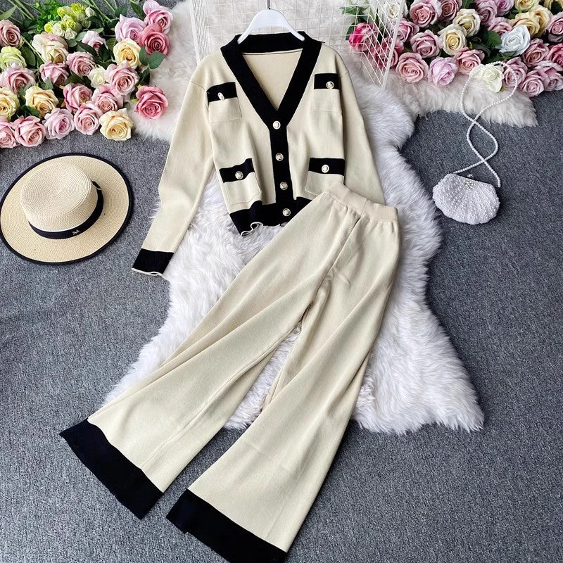 women's cape coats -Knitted suit for women casual V-neck cardigan sweater casual leg trousers two-piece set       S4169