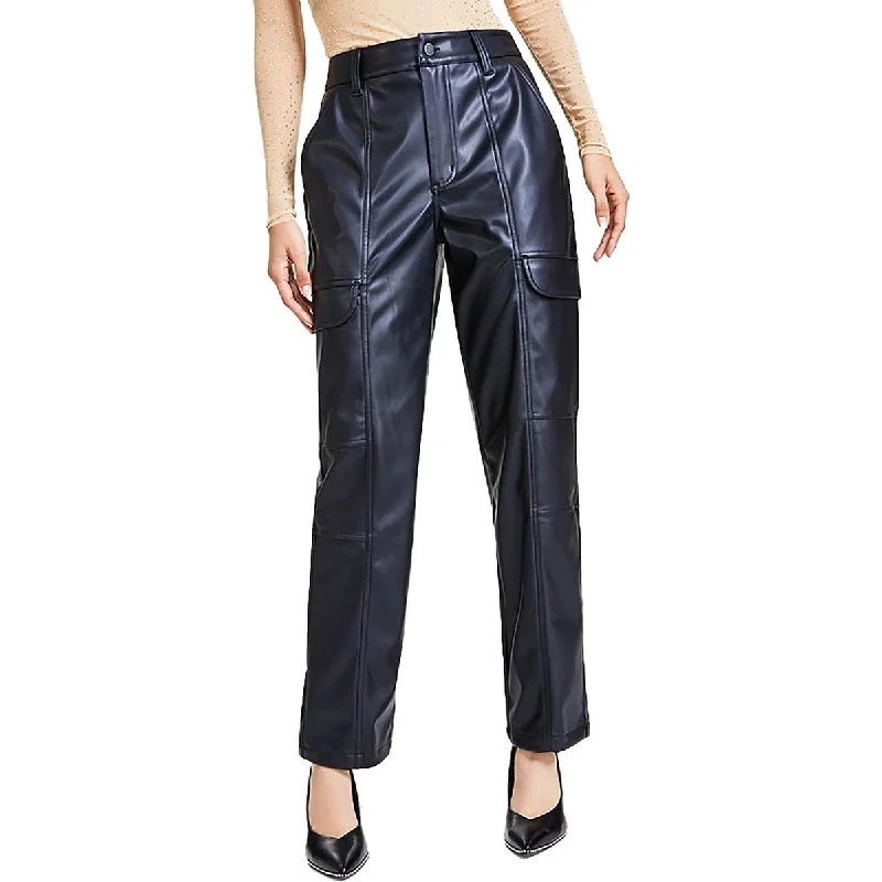 women's palazzo pants -Petites Womens High Rise Faux Leather Cargo Pants