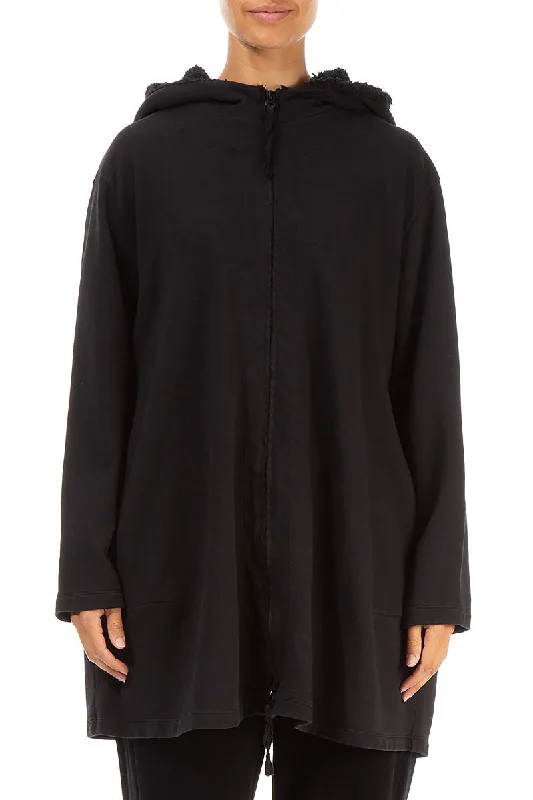 women's poncho coats -Hooded Black Cotton Jacket