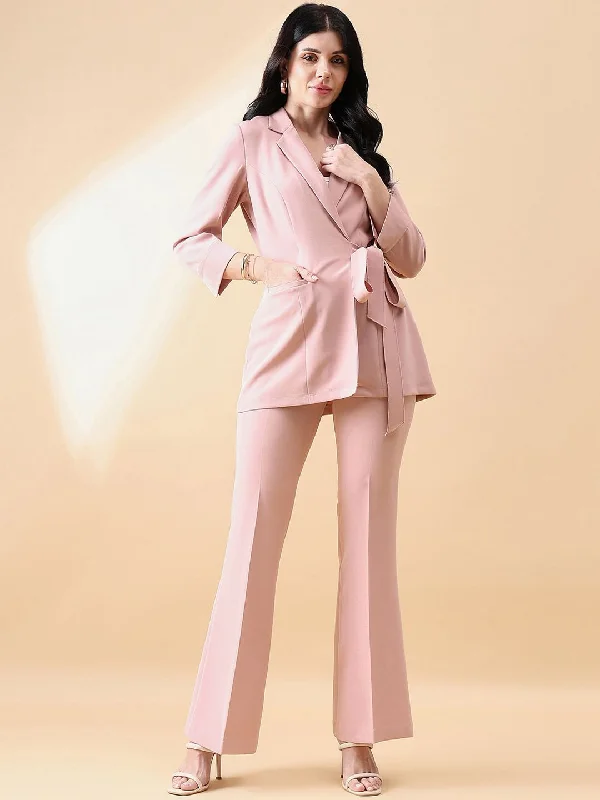 stylish bell-bottom jeans for women -Tie Stretch Pant Suit - Pink