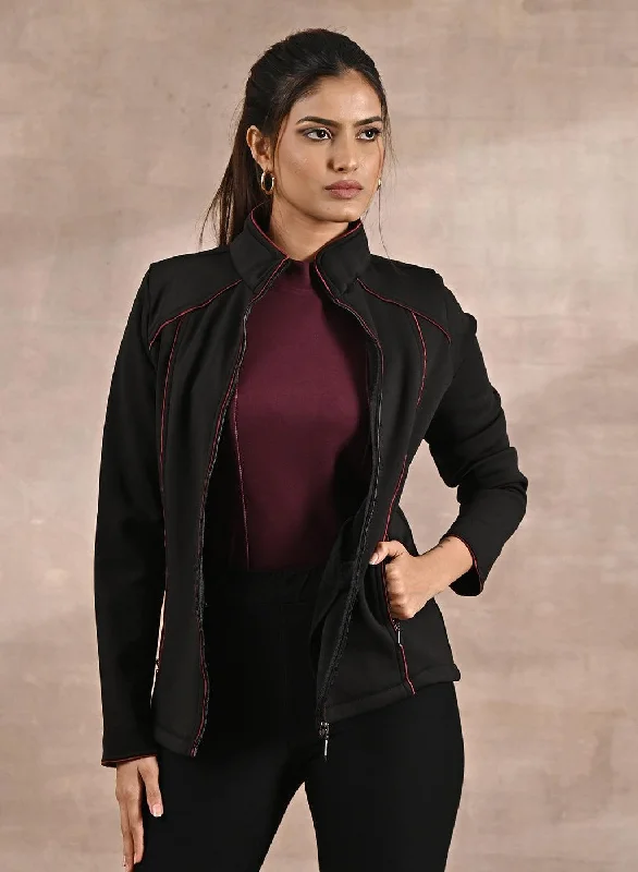 women's waterfall jackets -Black Fleece Jacket with Decorative Stitch on Front