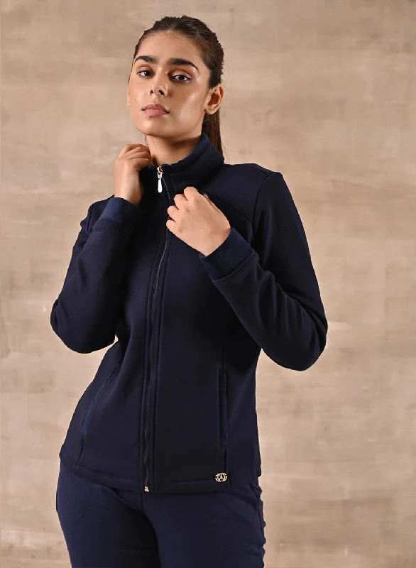 stylish asymmetric coats for women -Navy Blue Zip-front High-neck Regular Jacket with Pockets