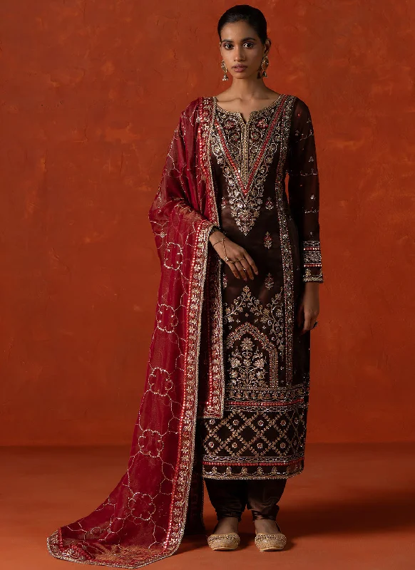 ladies' floral skirts -Dark Maroon and Maroon Embroidered Straight Suit