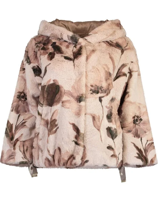 ladies' cropped trench coats -Floral Print Faux Fur Cape Jacket