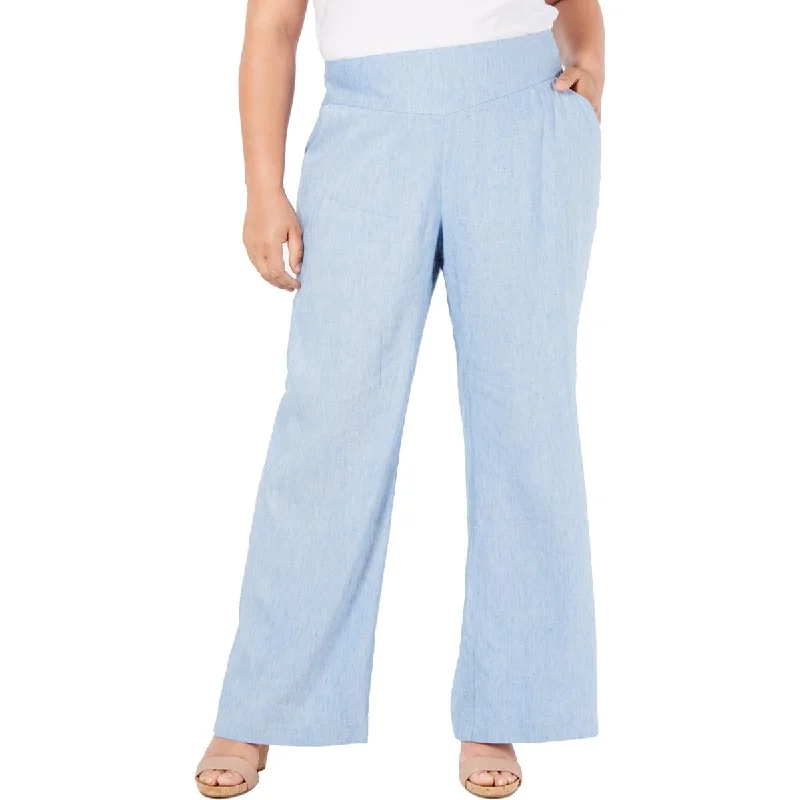 women's oversized jogger pants -Plus Womens Mid Rise Linen Wide Leg Pants