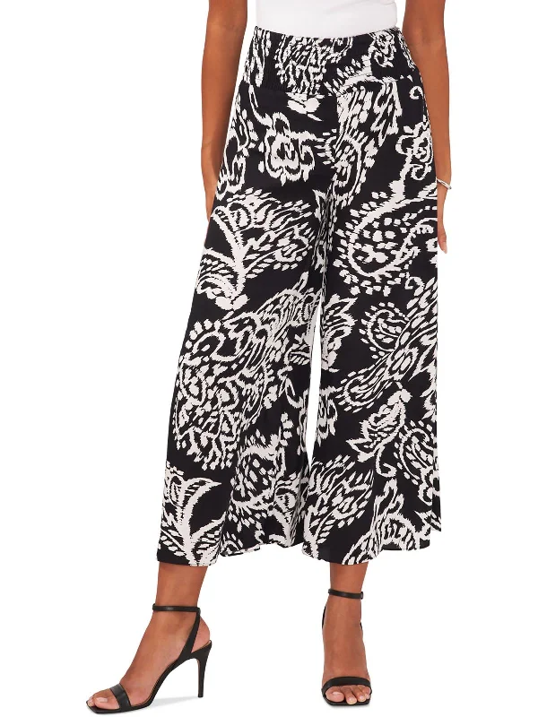 women's cargo pants -Challis Womens Smocked Printed Wide Leg Pants