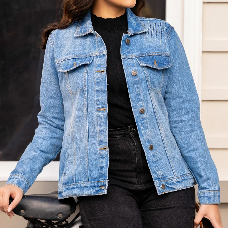 women's tailored coats -Sky Blue Denim Jacket PW4285