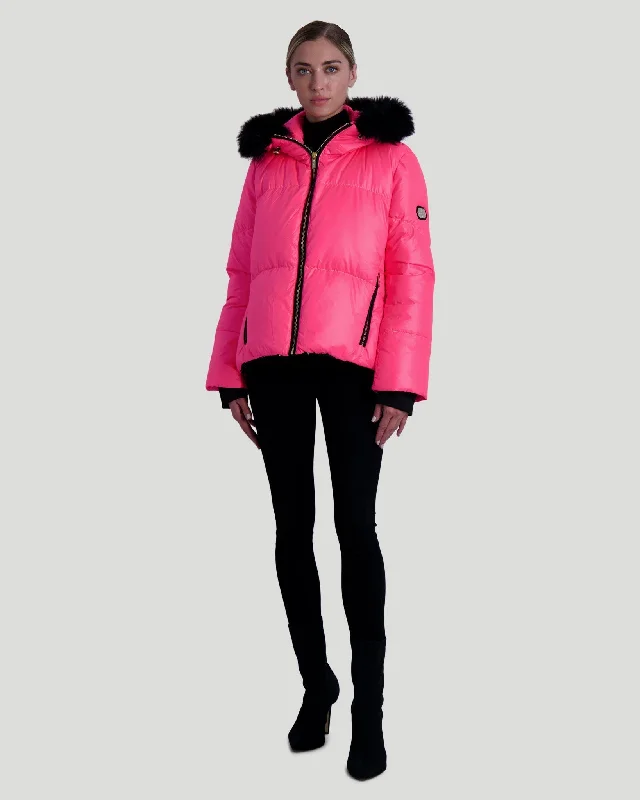 ladies' fleece jackets -Neon Apres-Ski Jacket with Detachable Toscana Shearling Lamb Hood Trim