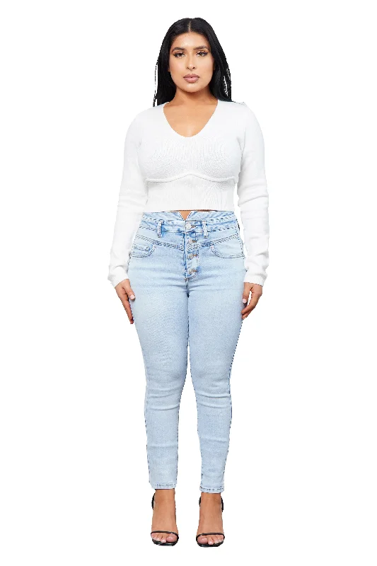 women's cropped pants -High Rise V Yoke Button Fly Skinny Denim Pants