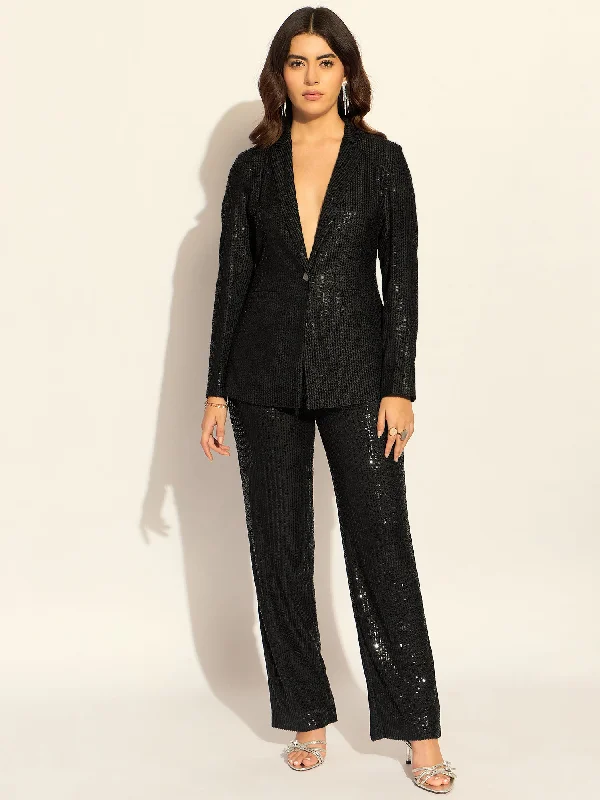 ladies' satin wide-leg pants -Black Sequined Single-Breasted Party Blazer With Trouser In Stretchable Fabric