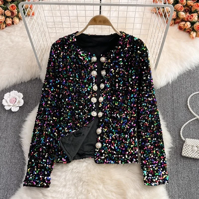 stylish formal blazers for women -shiny sequins colorful long-sleeved cardigan suit short jacket women's clothing    S4205