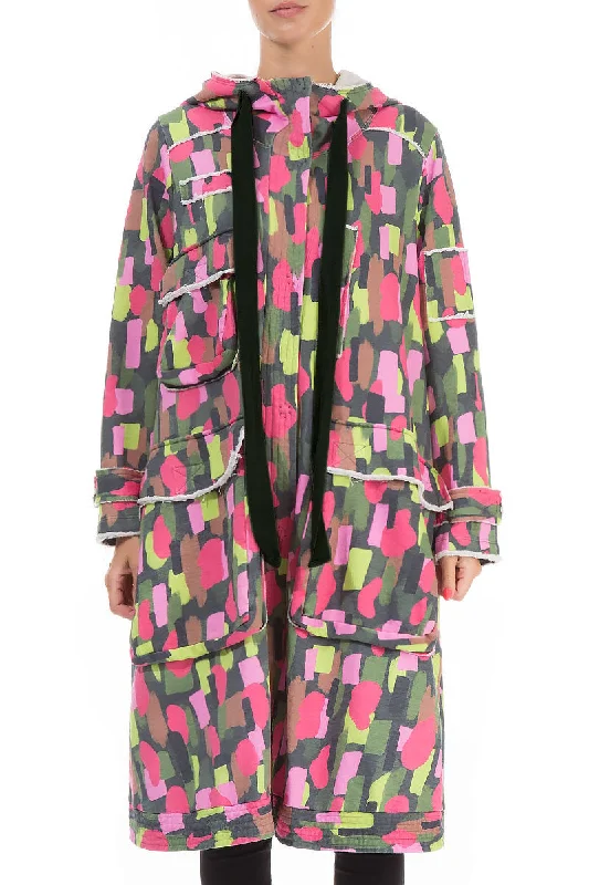 women's hooded coats -Hooded Three Pockets Paint Mosaic Cotton Jacket