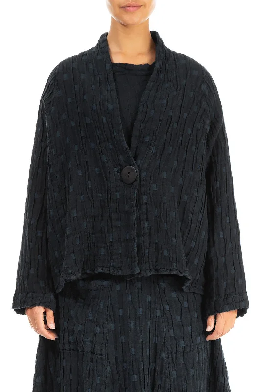 women's boho-style jackets -Single Button Midnight Blue Textured Linen Jacket