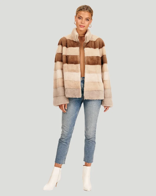 women's long padded coats -Pastel Color Block Mink Zip Jacket