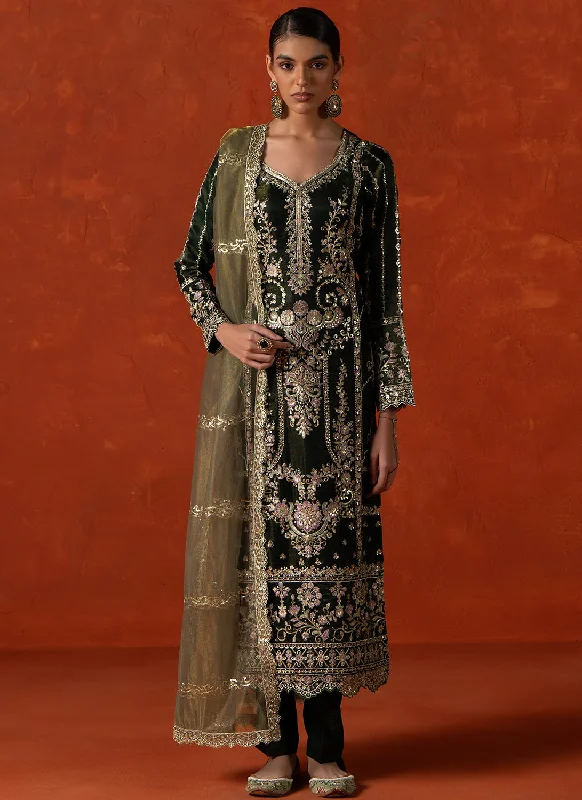 ladies' knee-length skirts -Green Embroidered Georgette Pant Suit