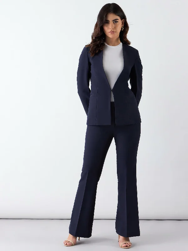 ladies' tailored trousers -Minimalist Regular Fit Blazer Paired With Trouser In Stretchable Fabric