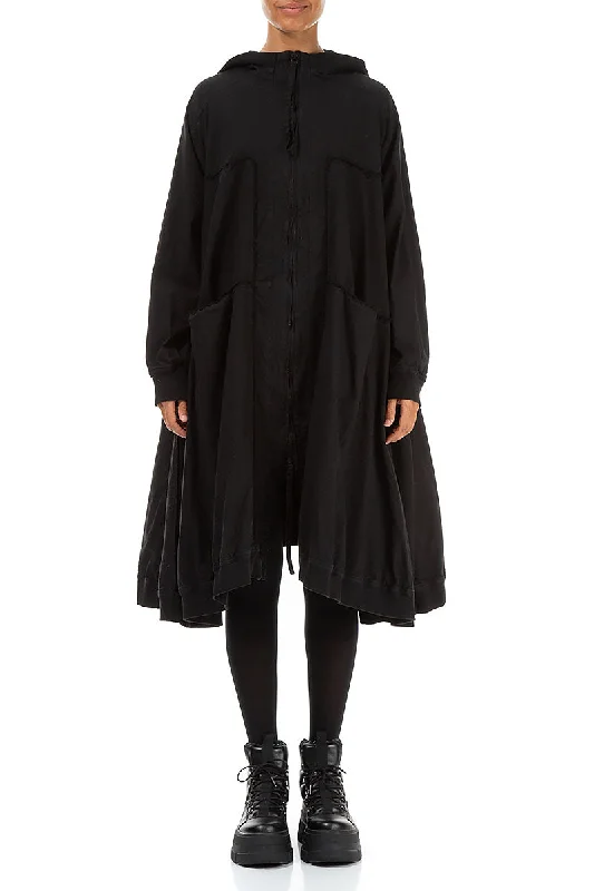 women's classic wool coats -Oversized Black Cotton Swing Coat