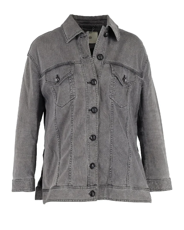 casual wool coats for women -Fendi Embellished Trucker Jacket in Grey Cotton Denim