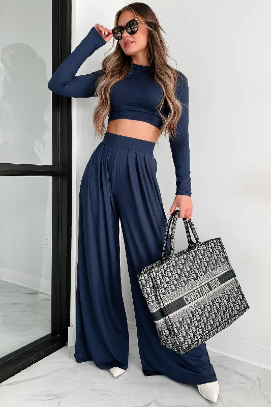 women's high-slit skirts -Faded Dreams Long Sleeve Crop Top & Pant Set (Navy)