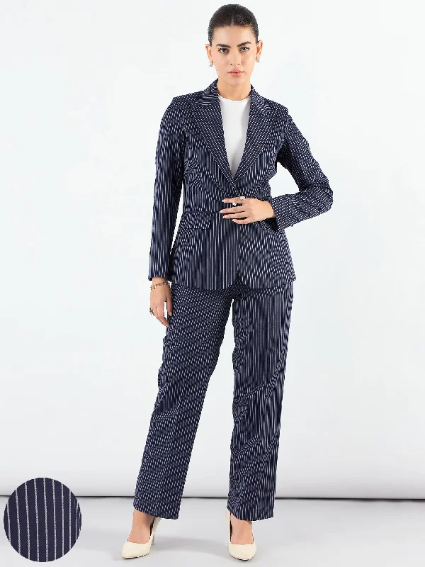 women's tapered trousers -Blue-Striped Asymmetric Blazer With Tailored Elasticated Fit Trouser