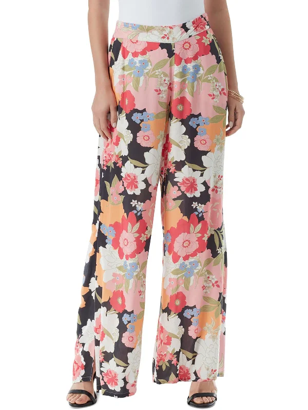 women's knitted skirts -Womens Floral Print Elastic Wide Leg Pants