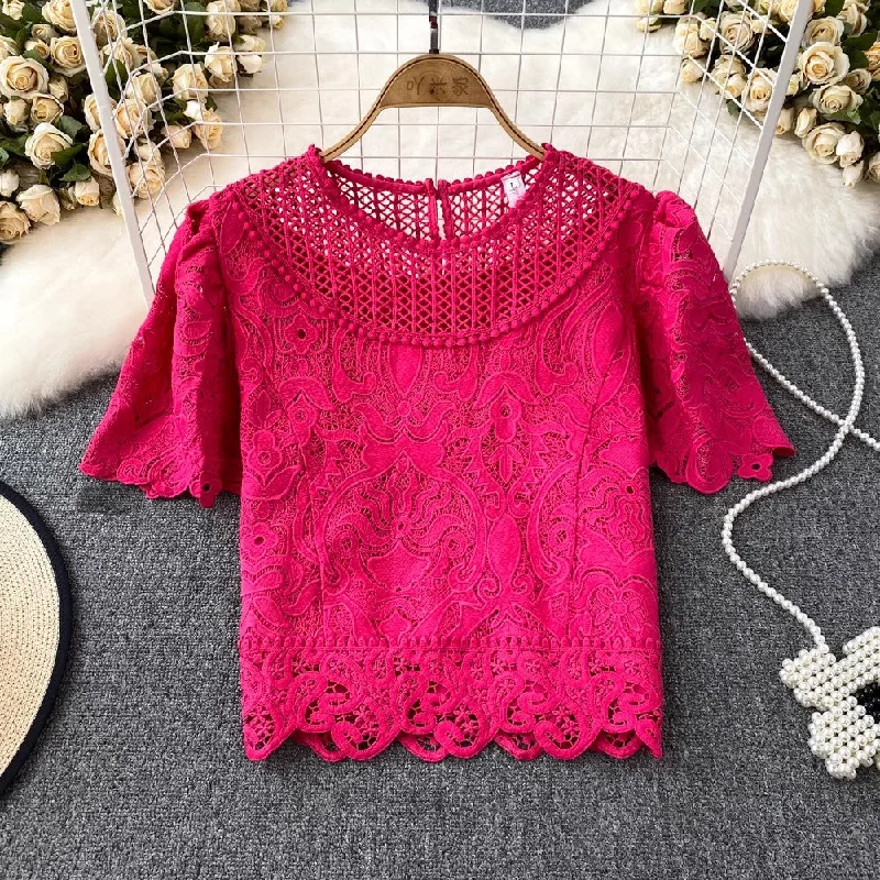 women's wool coats -short-sleeved round neck lace shirt for women      S4043