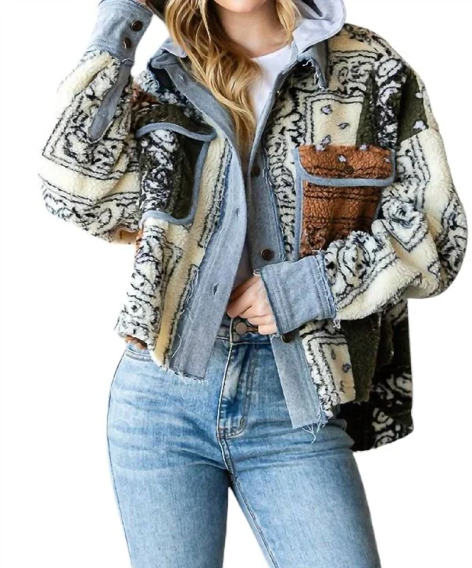 women's aviator jackets -Bandana Print Mixed Sherpa Jacket In Cream Combo