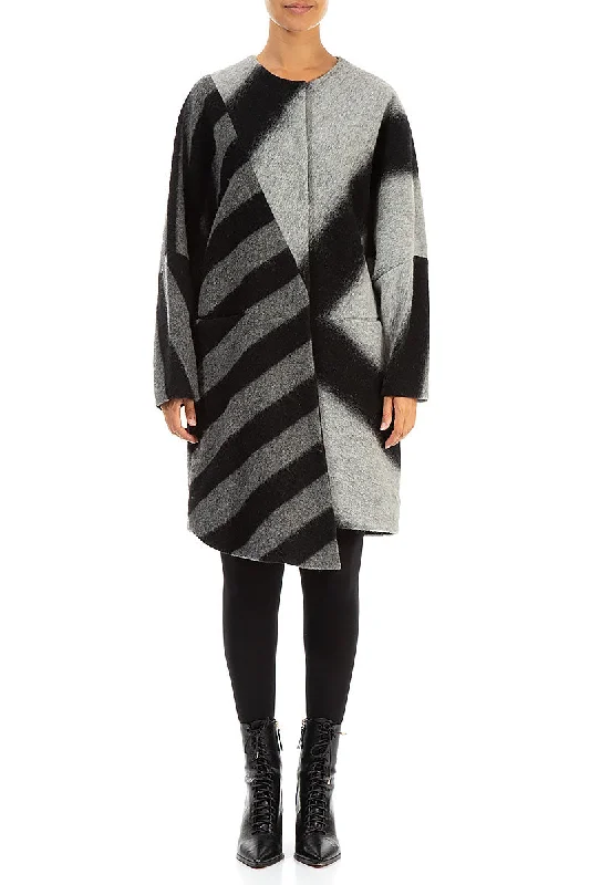 ladies' knitted ponchos -Asymmetric Striped Wool Coat