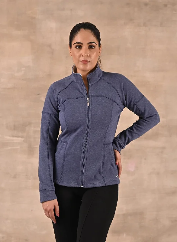 ladies' structured blazers -Navy High-Neck Zip-Up Casual Fleece Jacket