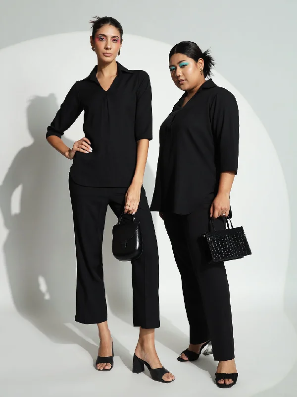 trendy athletic leggings for women -V-Neck Shirt Collar with Box Pleat Pant Suit - Black