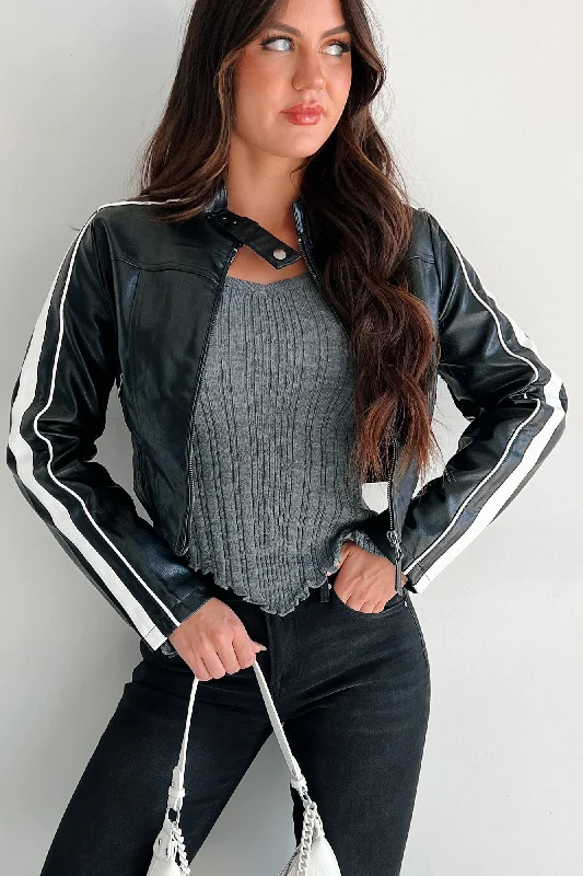 women's corduroy jackets -Late Night Drives Faux Leather Jacket (Black)