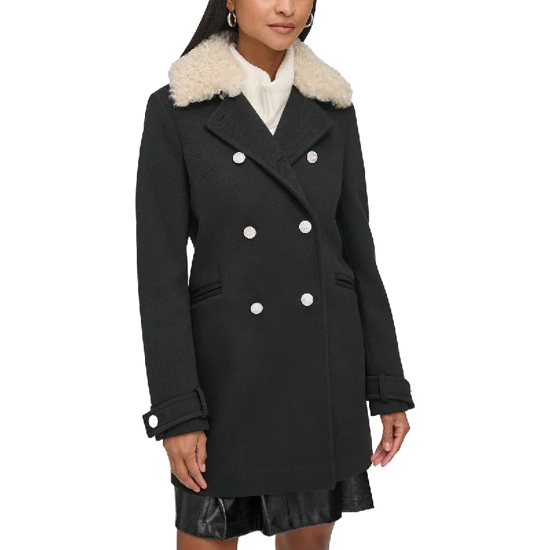 women's zip-up jackets -Womens Double Breasted Faux Fur Collar Pea Coat