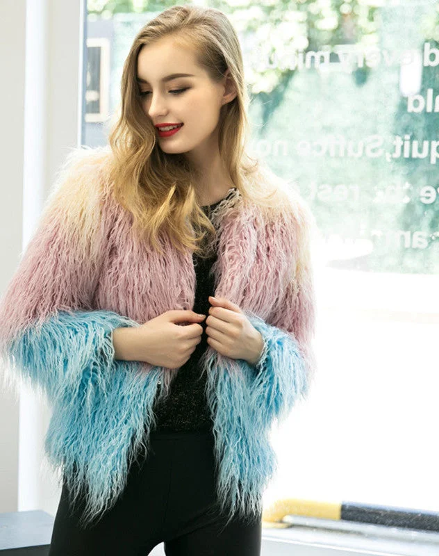 stylish asymmetric coats for women -Luxury Faux Fur Coat Mix Color Shaggy Jacket