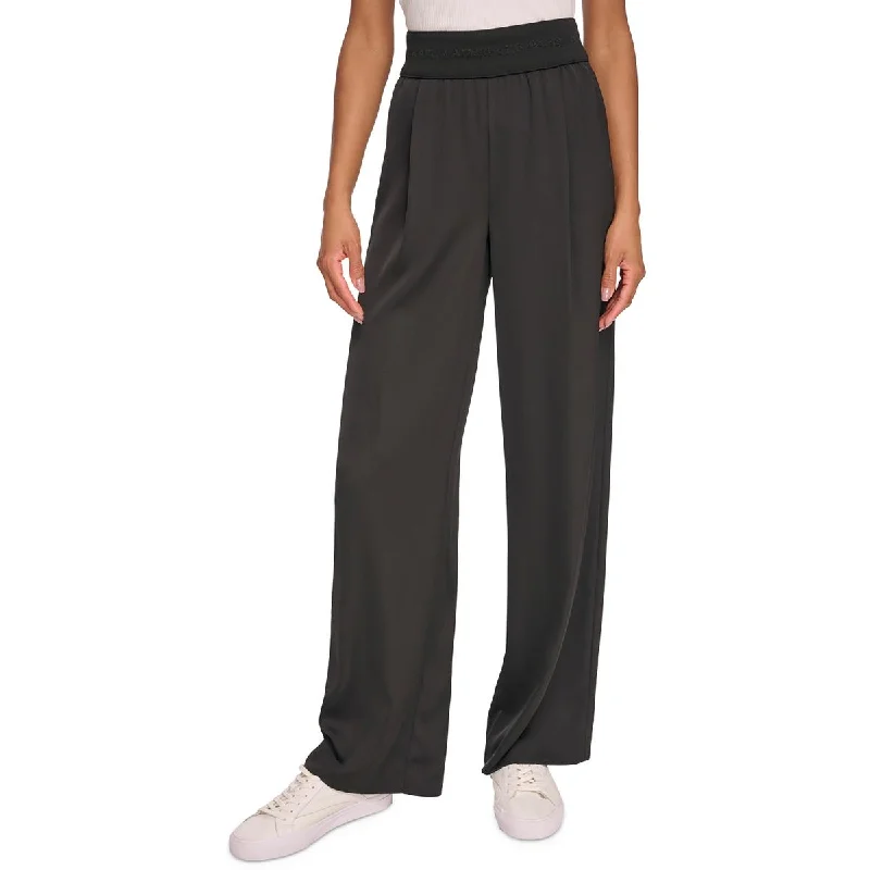 ladies' satin wide-leg pants -Womens Logo Pleated Wide Leg Pants