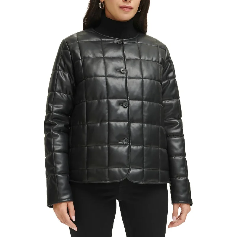 women's sleeveless coats -Womens Quiled Faux Leather Puffer Jacket