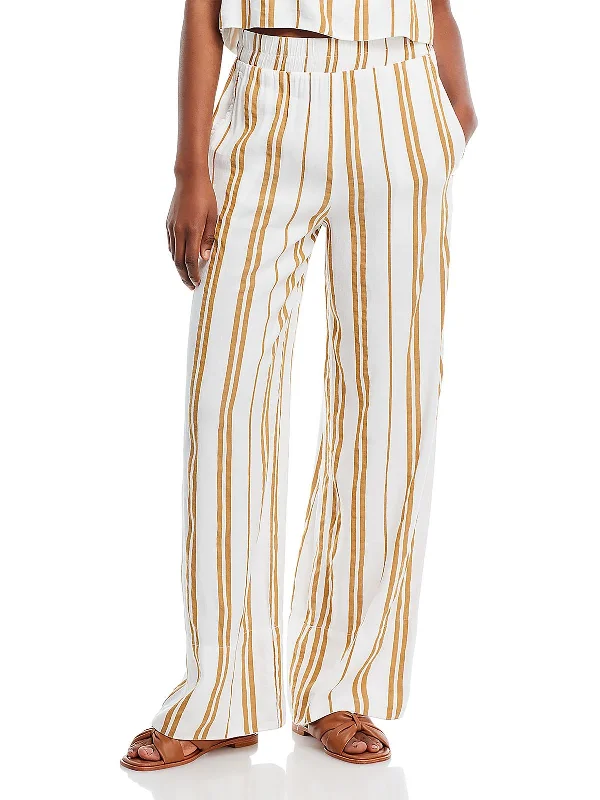 women's belted trousers -Womens Linen Striped Wide Leg Pants