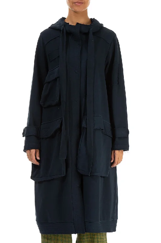 stylish trench coats for women -Hooded Three Pockets Midnight Blue Cotton Jacket